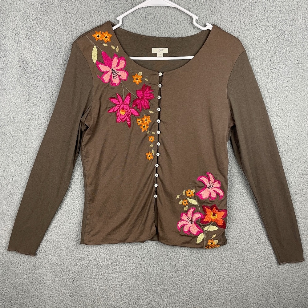 J. JILL Top Womens S Brown L/S Embroidered Floral Button Up Round Neck Stretch